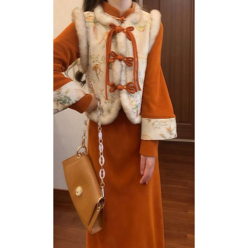 加绒加厚新中式国风套装女冬季新款旗袍连衣裙盘扣马甲两件套