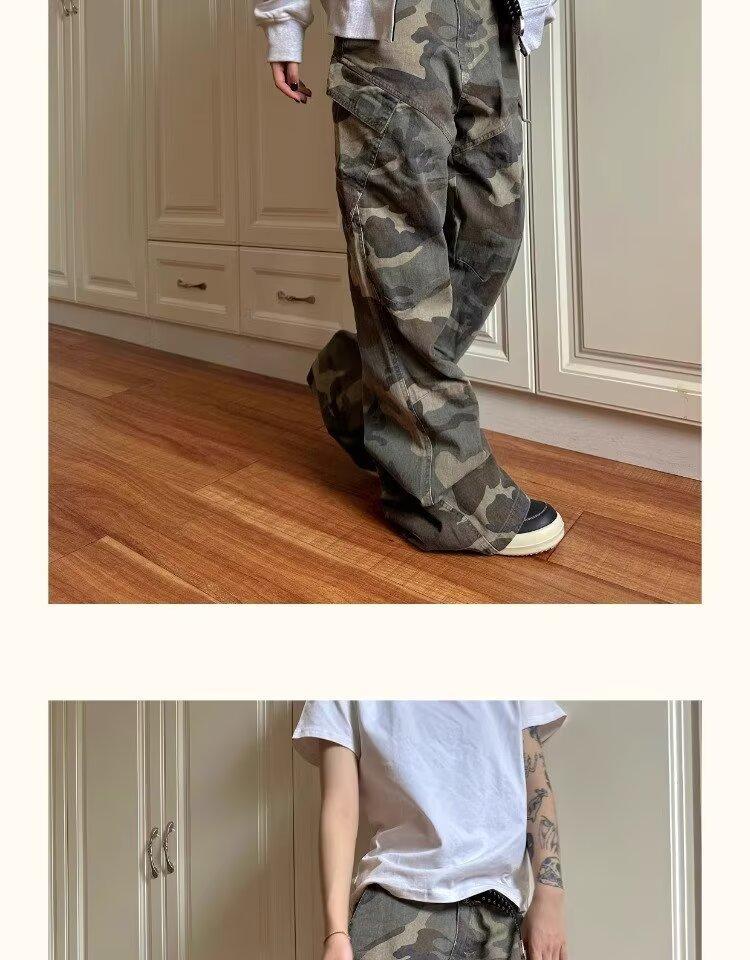 Washed Vintage Camouflage Jeans For Men, American High Street Style, Loose Straight Leg, Wide-Leg Cargo Pants With A_voghion.com