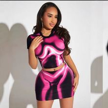 欧美亚马逊爆品新款女装时尚性感印花个性街头风短T修身短裙套装