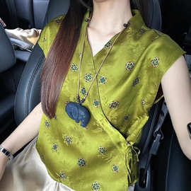 高端轻奢汉服元素改良年轻款小道袍新中式绿色提花衬衫女夏季唐装