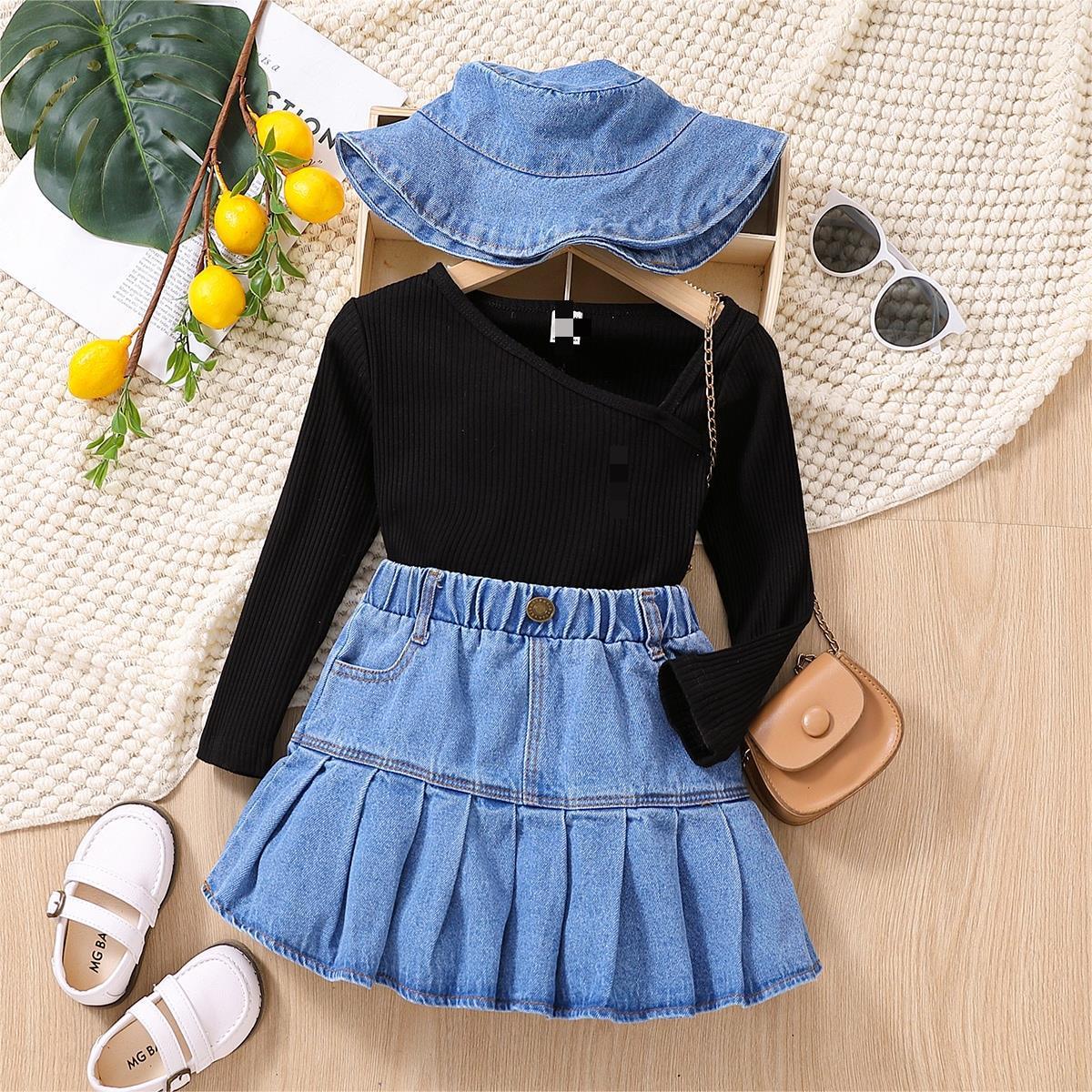 Children's Wear Girl's Pit Strip V-neck Top+denim Skirt Hat 3-piece Set