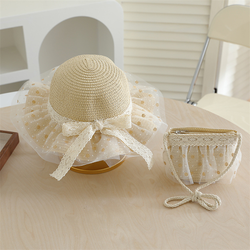 Polka-dot cut-off straw hat-beige