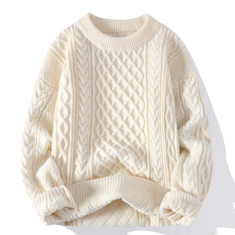 Winter Sweater Men's New Round Neck Solid Color Knitted Sweater Spring and Autumn Sweater Handsome Twist fleece-lined Thickened Base Shirt