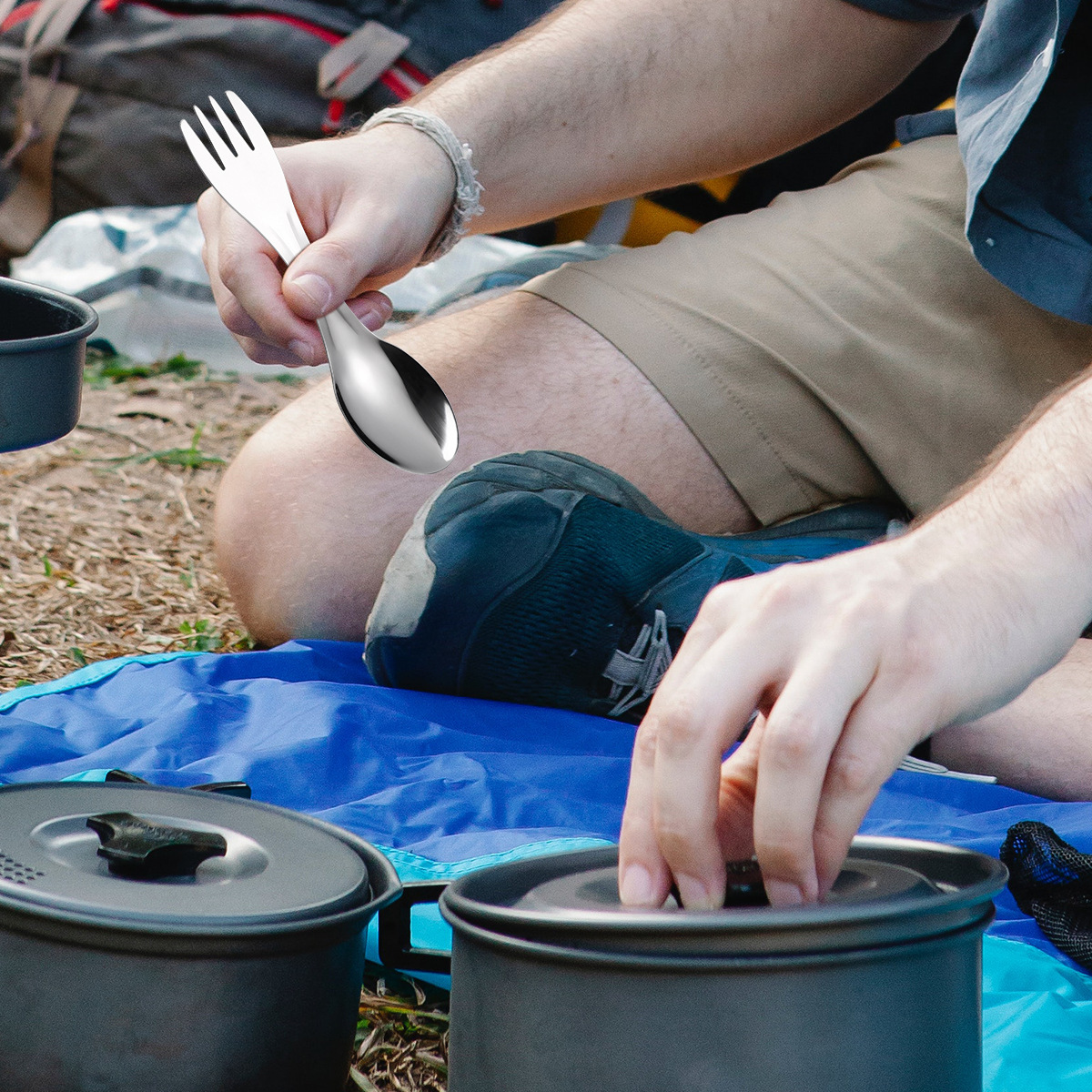 Cross-border 304 stainless steel spoon, portable and lightweight, household travel camping utensil set, outdoor dual-use spoon and fork set