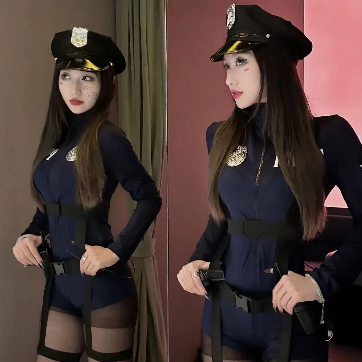 Sexy Policewoman Cosplay Uniform Set with Hat, Tight Jumpsuit, One Size — detail image 12