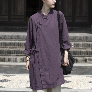 2025 Autumn Cotton and Linen Women's Clothing Ramie Sand Washed Plate Button Partial Lapel Rope Retro Chinese Robe Women's Zen Tea Suit