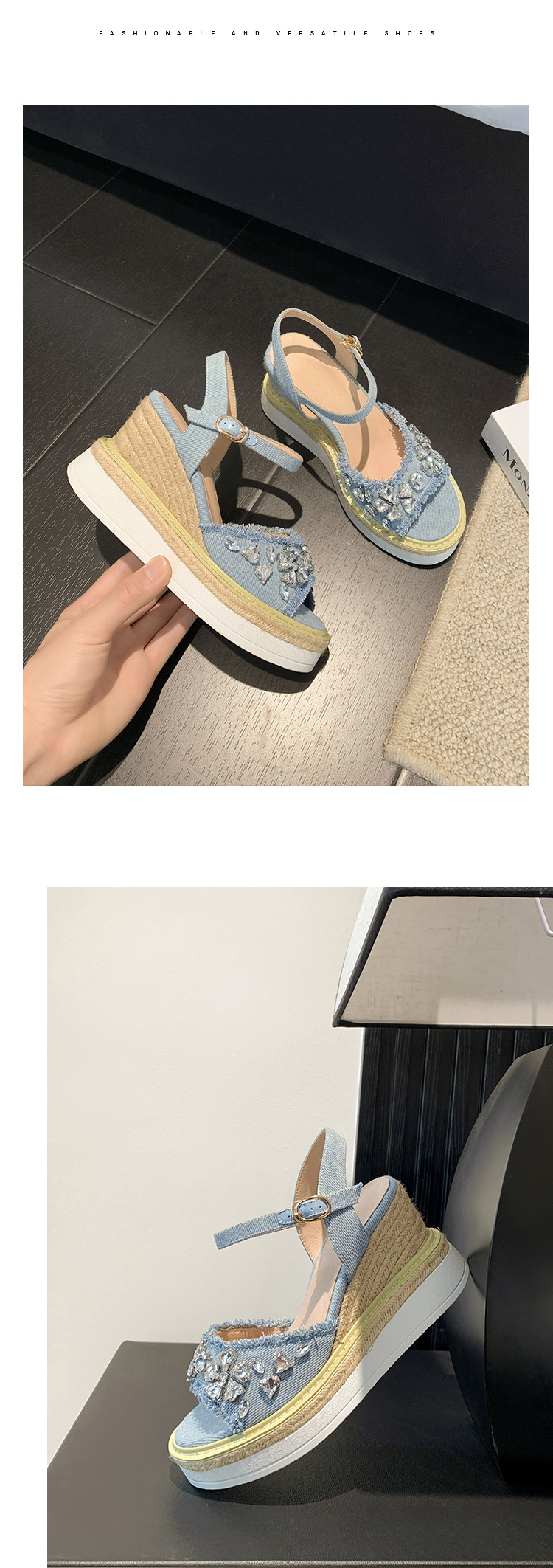 Sandal cao gót nữ đế xuồng mũi hở, quai ngang đính đá, chất liệu denim phối đế cói — Cao bồi xanh chi tiết 12