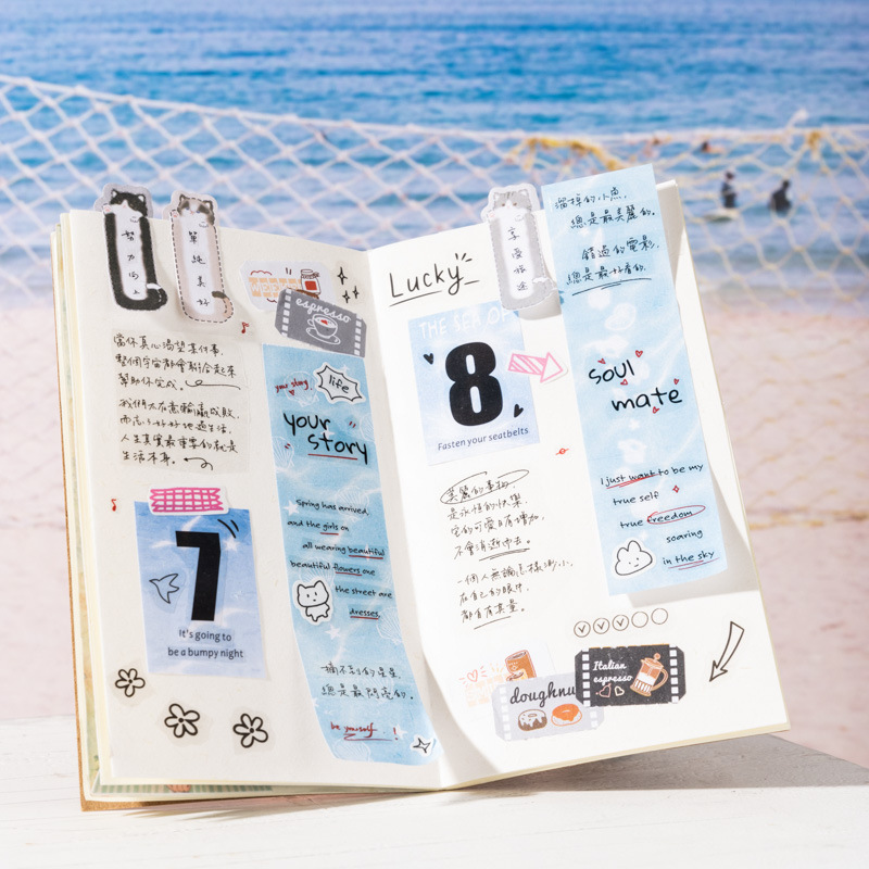 Chica en ketchup larga nota dibujada a mano de la isla serie de notas de viaje de mar azul tema de color de la cuenta de mano decoración de notas