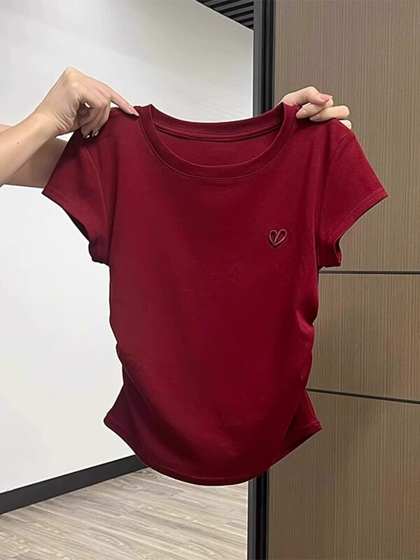 バーガンディ右肩半袖Tシャツ女性用2025新作夏デザインプリーツウエスト痩身ショートトップ|undefined