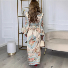 2024新款跨境亚马逊欧美女装复古气质印花长袖大摆收腰秋冬连衣裙