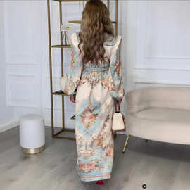 2024新款跨境亚马逊欧美女装复古气质印花长袖大摆收腰秋冬连衣裙