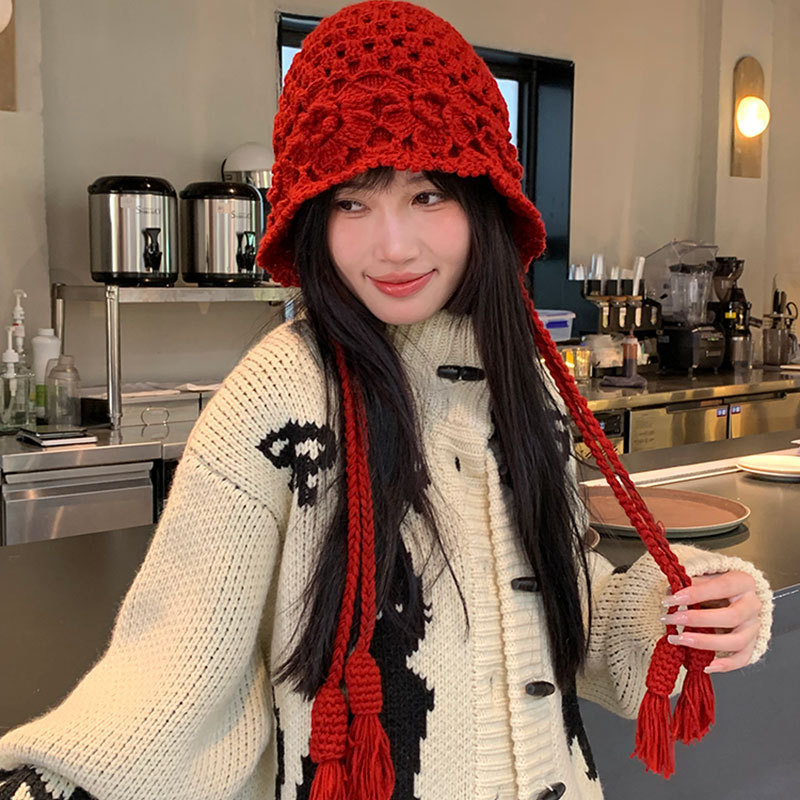 新款秋冬钩花包头帽子女麦穗流苏针织帽时尚文艺套头帽潮流毛线帽|undefined