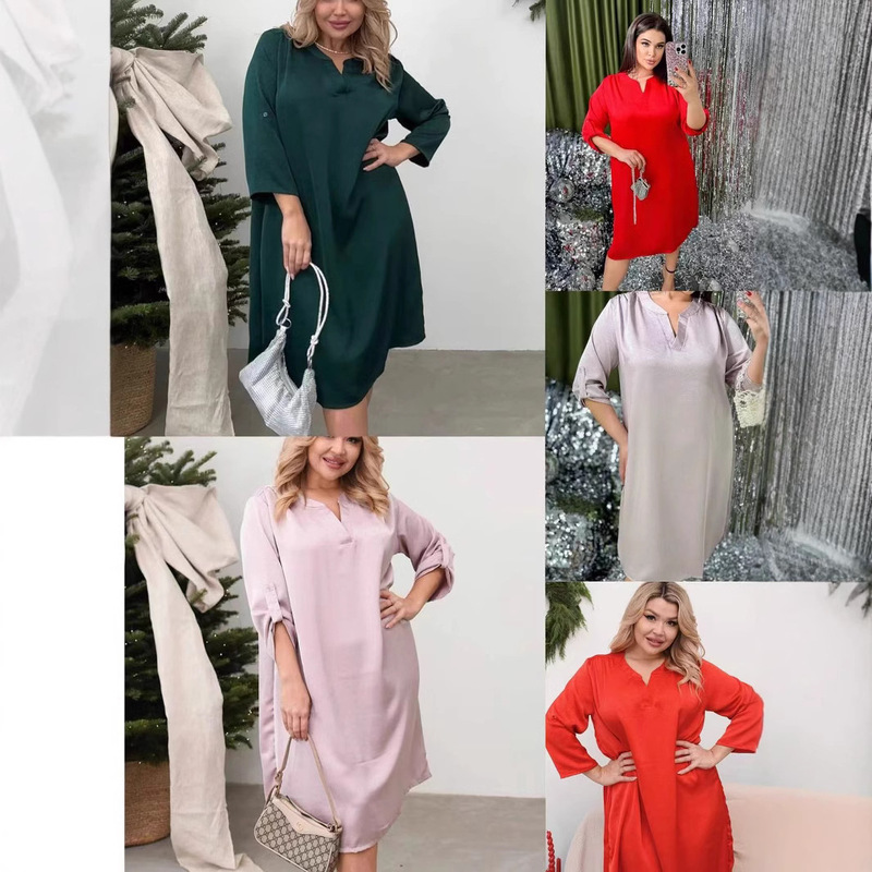 2025 Spring Amazon Cross-border European and American Hot Selling Satin V-Neck Pullover Solid Color Long Sleeve Casual Mini dress