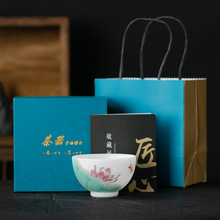 新中式冰种素烧羊脂玉大师手绘主人杯陶瓷品茗杯茶盏礼盒礼品茶杯