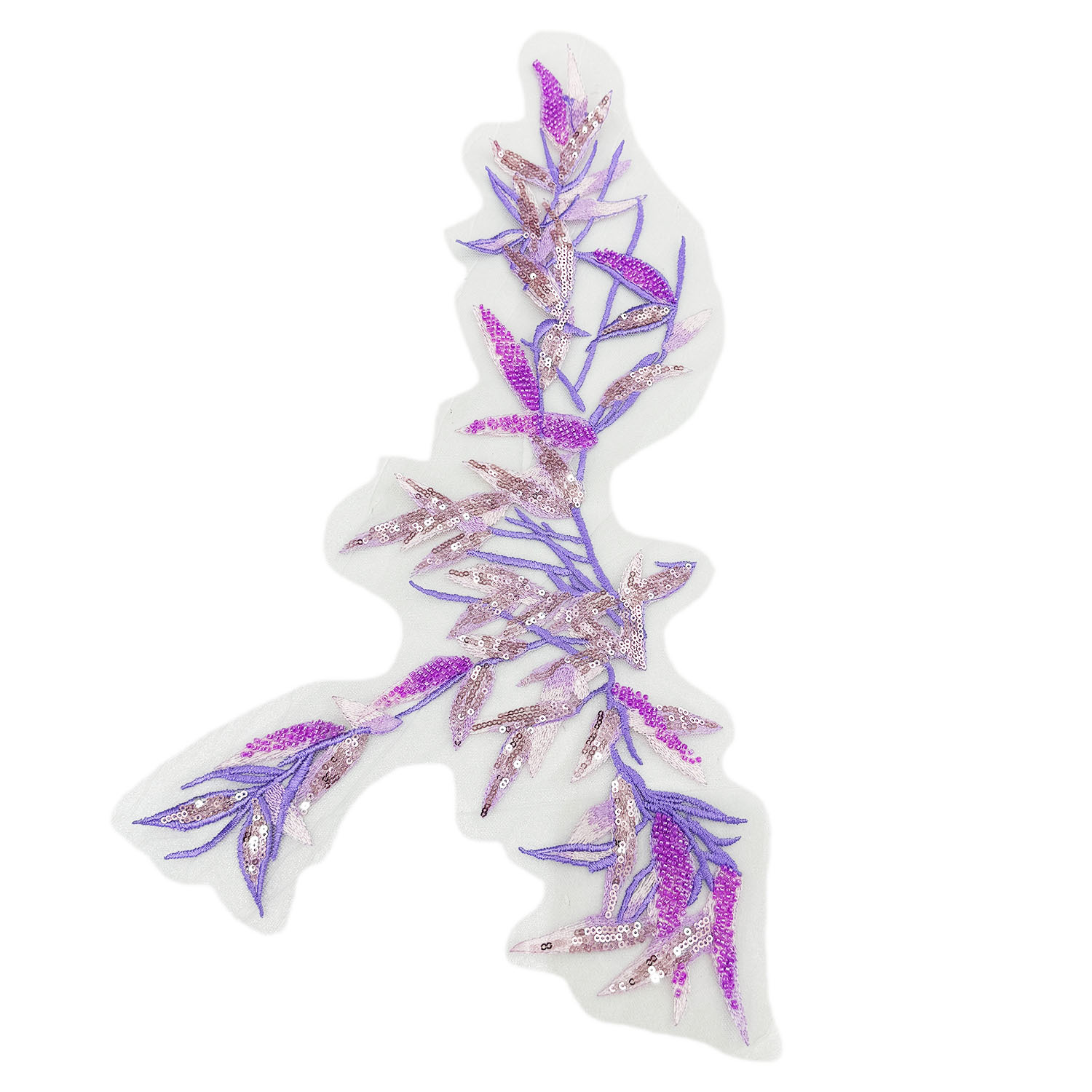 紫色珠管亮片绣竹叶花网纱底大布贴婚纱礼服民族风贴花装饰辅料