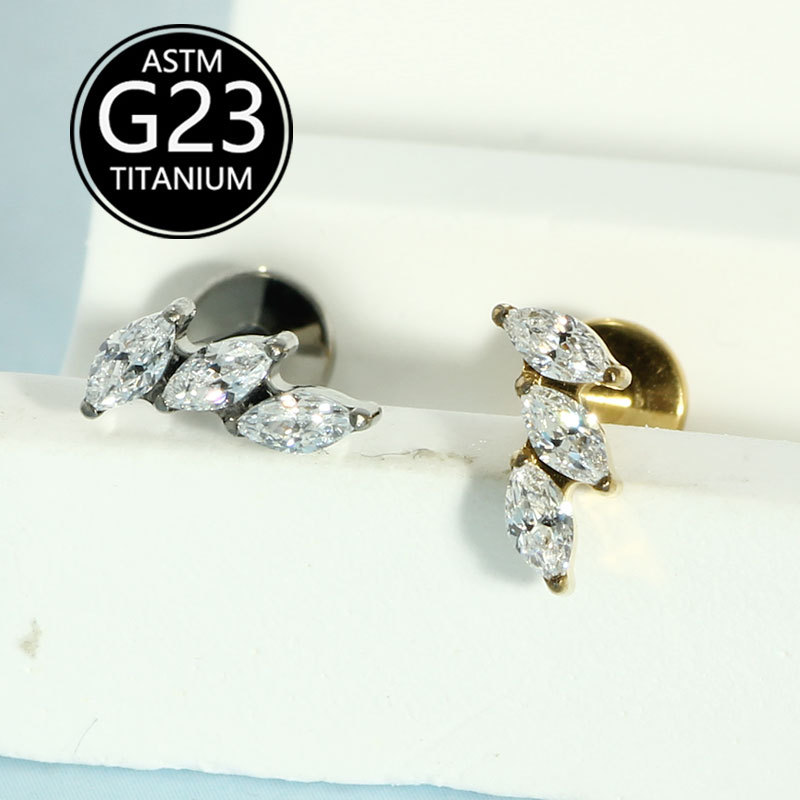 G23 Titanium Leaf Marquise Zircon Lip Stud 1.2mm Rod Internally Threaded Labret Piercing Jewelry detail image 5