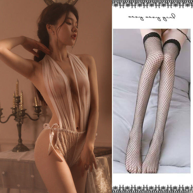 Lencería sexy transparente mama fuga backless jumpsuit Halter Deep V tentación puro deseo encaje traje generación A97