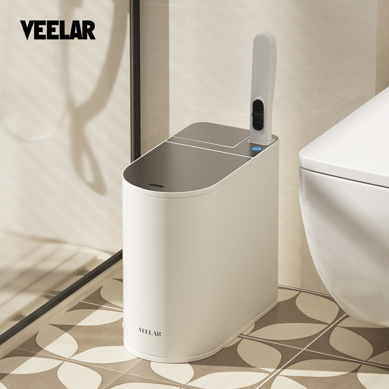Veelar Smart Sensor Trash Can for Bathroom/Toilet, Household Use, Narrow Gap Design with Integrated Toilet Brush Veelar Smart Sensor Trash Can for Bathroom/Toilet, Household Use, Narrow Gap Design with Integrated Toilet Brush