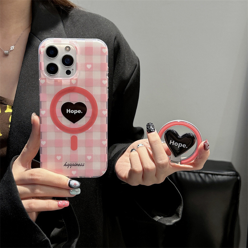 日韩撞色格纹爱心磁吸支架适用iPhone16苹果15ProMax/14/13手机壳|undefined