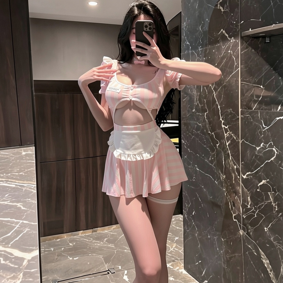 Seductive Maid Costume Set with Open-Crotch Dress, Headband and Choker — detail image 2