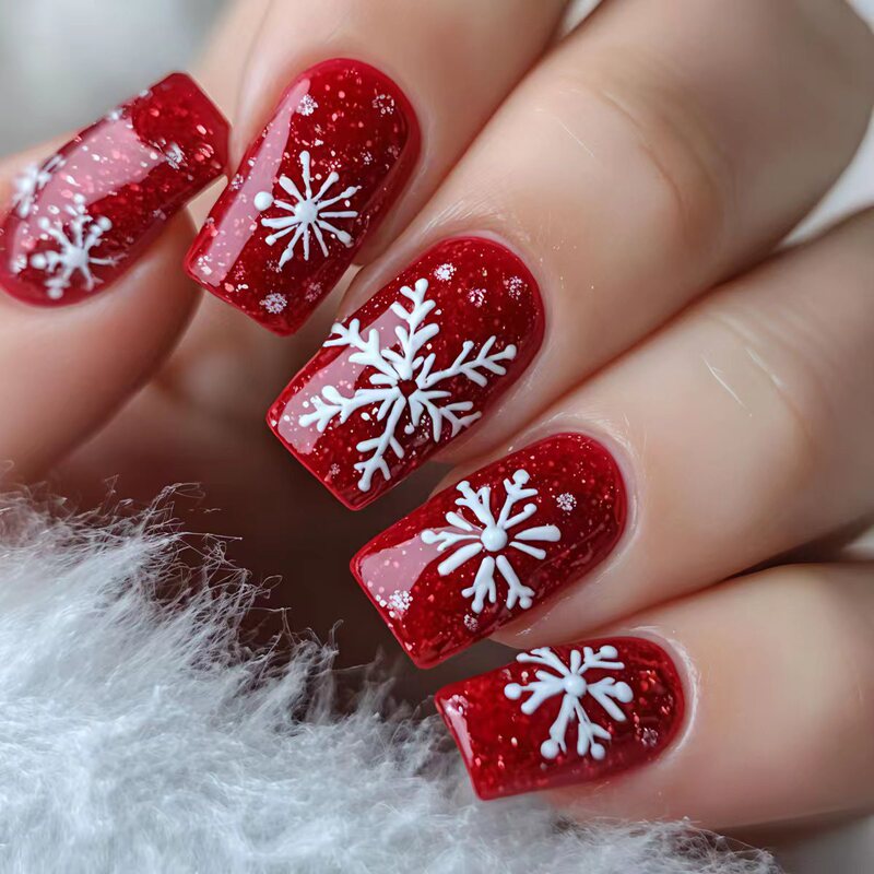 Cross-Border Snowflake Manicure Patches, Popular Winter White Snowflake Snowball Star Nail Patches, Simple and Elegant 24 Pieces