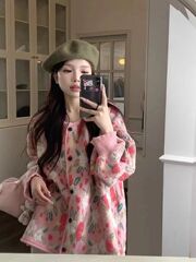 甜美风立体粉色花朵圆领长袖毛衣外套女秋季洋气百搭针织开衫