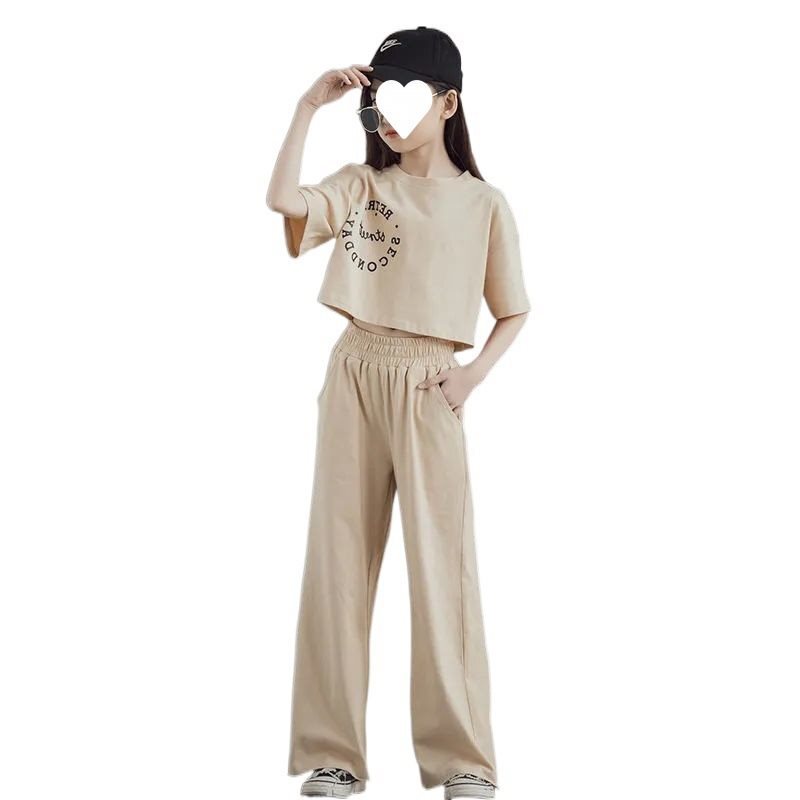 女の子スーツ 2025 夏新スタイル中大型子供ファッショナブルな子供の半袖トップワイドレッグパンツ 2 点セット|undefined