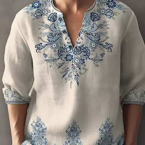 2023跨境新款亚马逊欧美春秋简约3D印花立领男士休闲衬衫订货其他