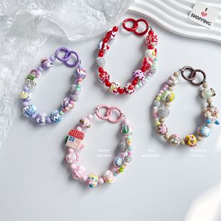 Mobile Phone Chain Wrist Lanyard Hand-Painted Beaded Wristband Cute Diamond Ball Bracelet Pendant Anti-Theft Anti-Lost Keychain Chain