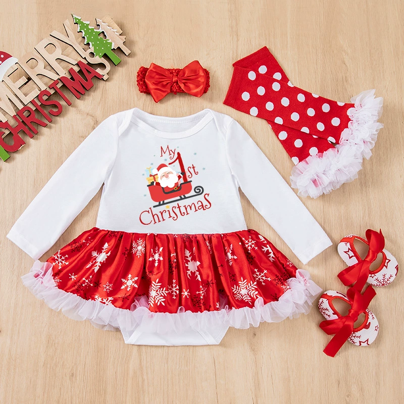 Демисезонный Christmas боди, юбка, детский комплект, с длинным рукавом, со снежинками, набор 4 шт., оптом