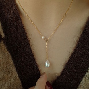 Y word water drop Pearl sweater necklace light luxury niche design sense clavicle chain 2021 new female ins style temperament