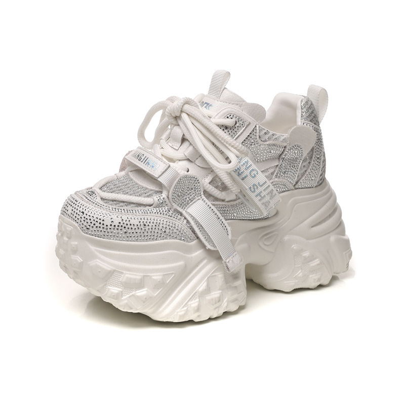 Giày sneaker nữ đế dày tăng chiều cao đính đá lưới thoáng khí — màu trắng