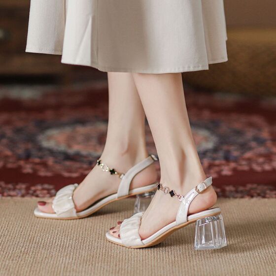 One-word Sandals with Thick Heel Crystal Heel Four-leaf Clover Buckle Skirt Sandals 2025 All-match Korean-style Sandals for Women