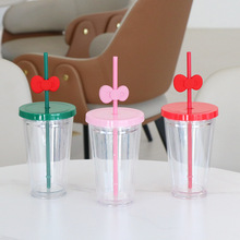 跨境亚马逊双层塑料咖啡杯大容量男女蝴蝶结吸管杯直饮杯厂家批发