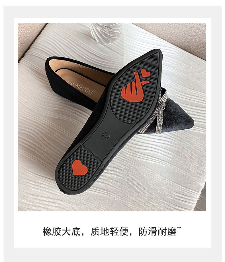 Giày búp bê nữ mũi nhọn đế bệt thêu nơ đính đá — Màu đen (đế bằng) chi tiết 8