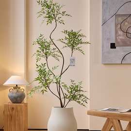 森空间绿植轻奢室内植物盆栽南天竹假树简约原木风格装饰
