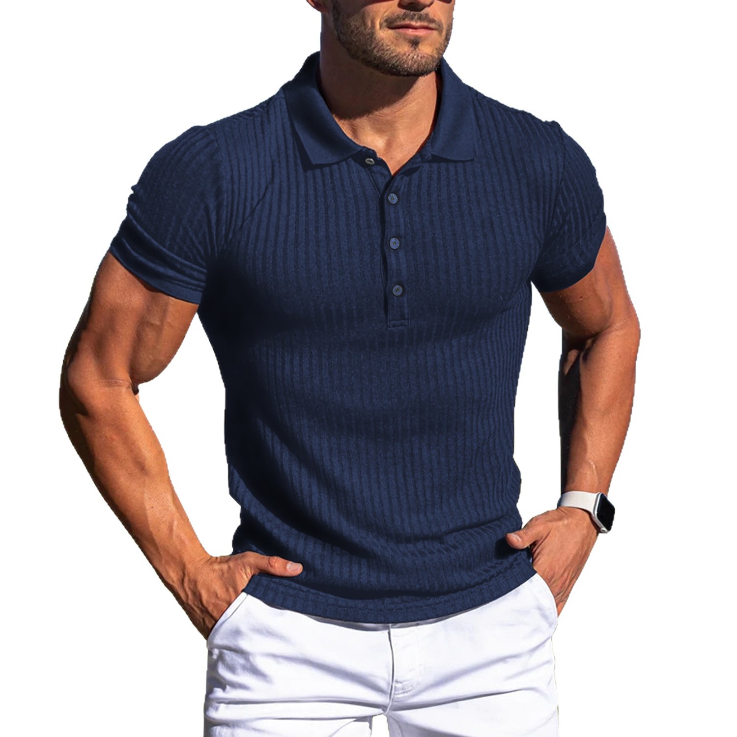 Comercio exterior transfronterizo europeo-americano wish hombre deportivo de verano acondicionamiento ocio elástico vertical camisa polo de manga corta para hombre