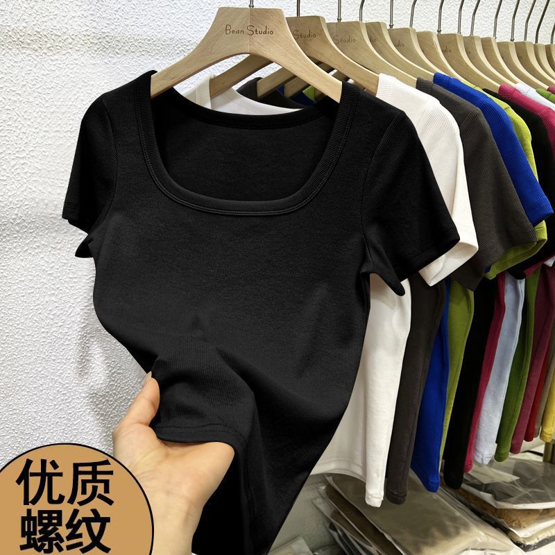 Plus-Size Ribbed Design Square-Neck Slim-Fit Short-Sleeve T-Shirt for Women, Trendy 2025 Summer New Style, Slimming Top Plus-Size Ribbed Design Square-Neck Slim-Fit Short-Sleeve T-Shirt for Women, Trendy 2025 Summer New Style, Slimming Top