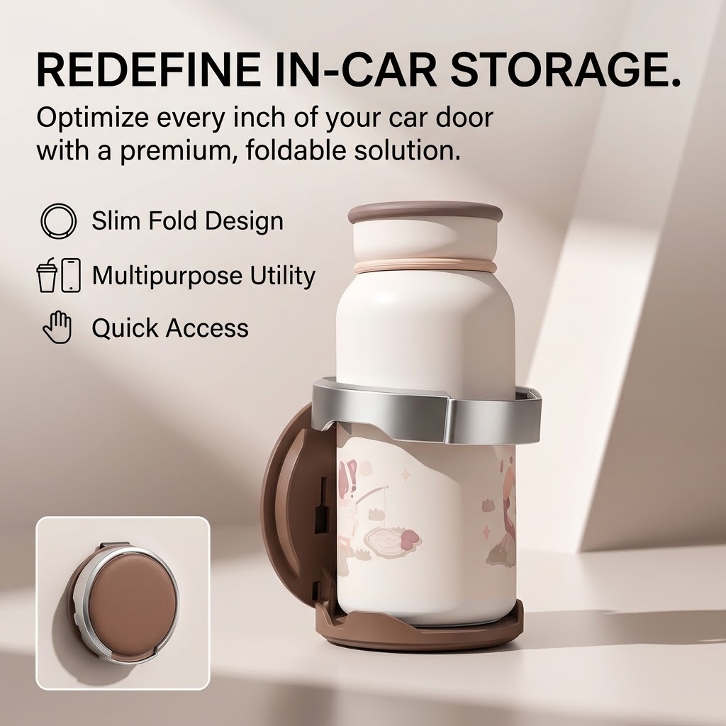 Car door cup holder, in-car storage organizer, foldable cup holder, multi-functional cup tray, fixed storage bracket, portable