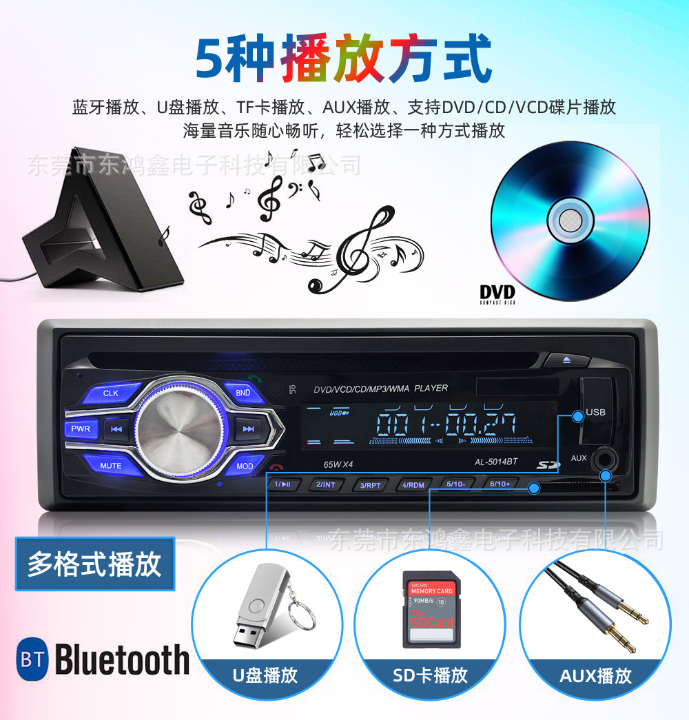 Universal Car CD Player DVD Player with Bluetooth Hands-Free Calling Support for MP3 and VCD Disc Playback 5014