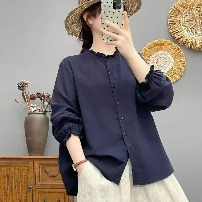 2026春季秋新款文艺纯色百搭减龄显瘦休闲百搭气质女士木耳领衬衣