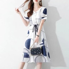 夏季韓版高檔連衣裙女裝短袖幾何圖案顯瘦寬松俏皮襯衫裙子服飾