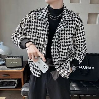 春秋韩版开衫格子夹克男士修身长袖潮牌上衣服双层休闲百搭外套潮