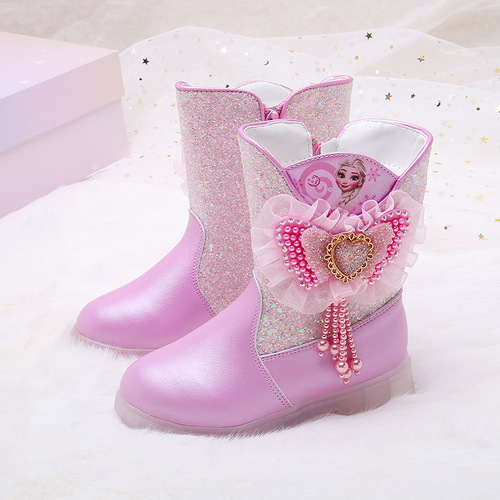 Children's Leather Boots Pink Barbie Princess Girls' Sparkling Bowknot Beaded Warm High-Cuffed Cotton Boots Direct Manufacturer Supply