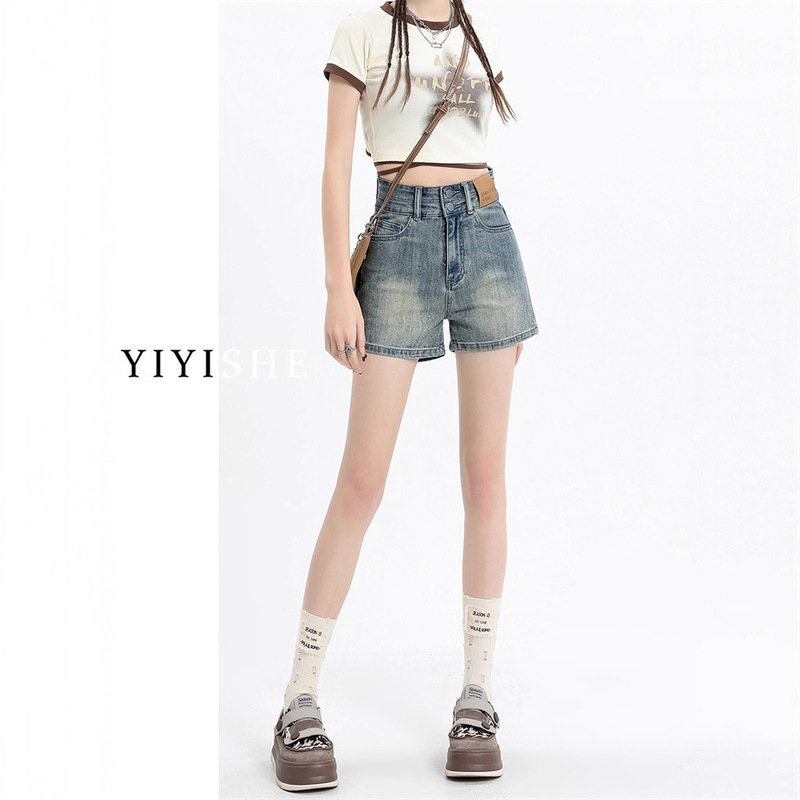 女性のためのハイウエストデニムショートパンツ 2025 夏の新しいホットガールイエローマッドカラーデザインスリム A ラインストレートホットパンツ|undefined