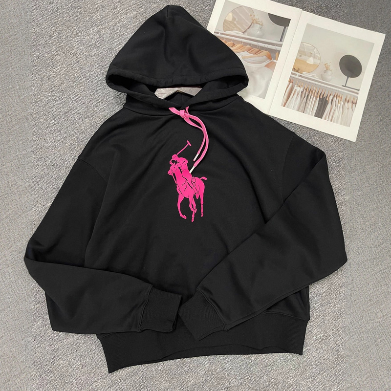 American-Style R Brand Pink Pony Print Hooded Pure Cotton Sweatshirt, Short Loose-Fit Drop Shoulder Sweatshirt for Women