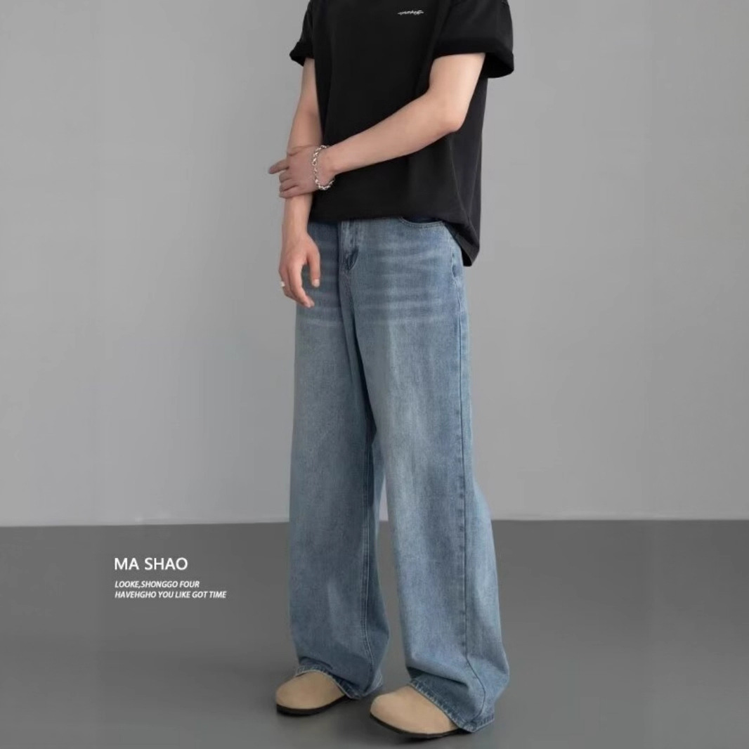 Vintage Wide-Leg Jeans for Men Relaxed Fit Distressed Denim Pants Washed Cotton Blend Mid-Rise Streetwear Staple_viptrois.com
