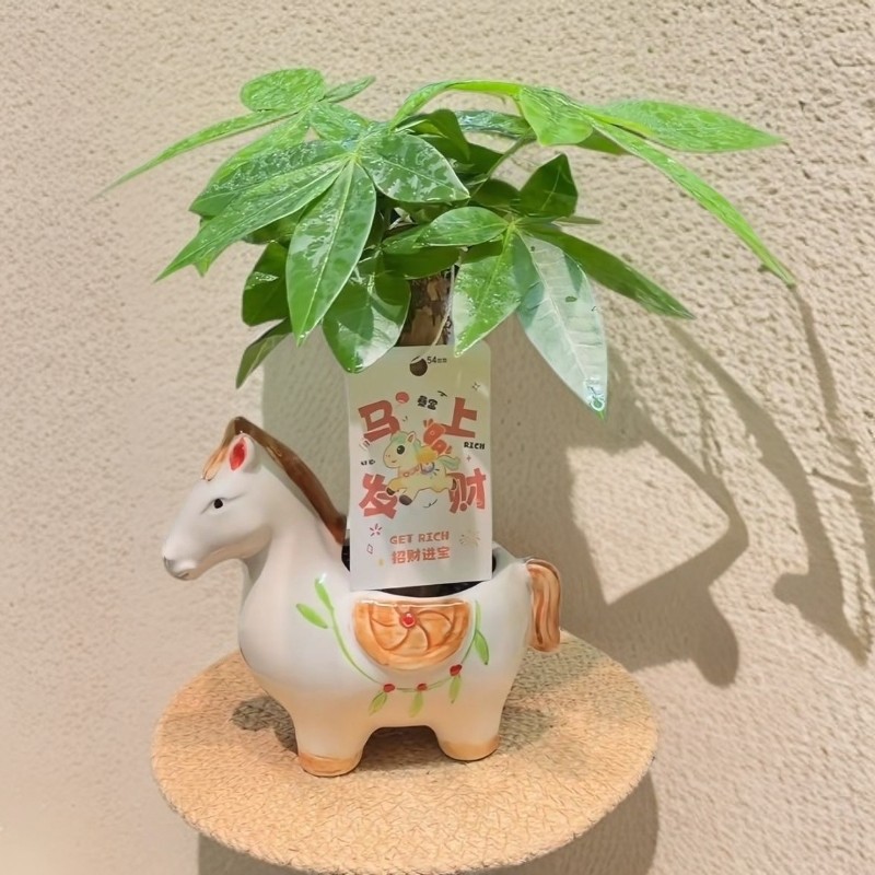 2026 New Model Money-Attracting Flower Pot with Auspicious Meaning, Hand-Painted Pot for Indoor Office, Creative Ceramic Small Fortune Horse Wholesale