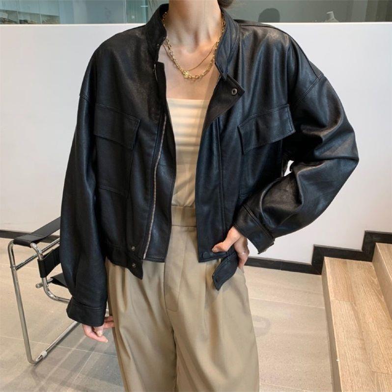 春秋季新品韩版立领帅气PU皮夹克口袋机车好品质短款皮衣外套女|undefined