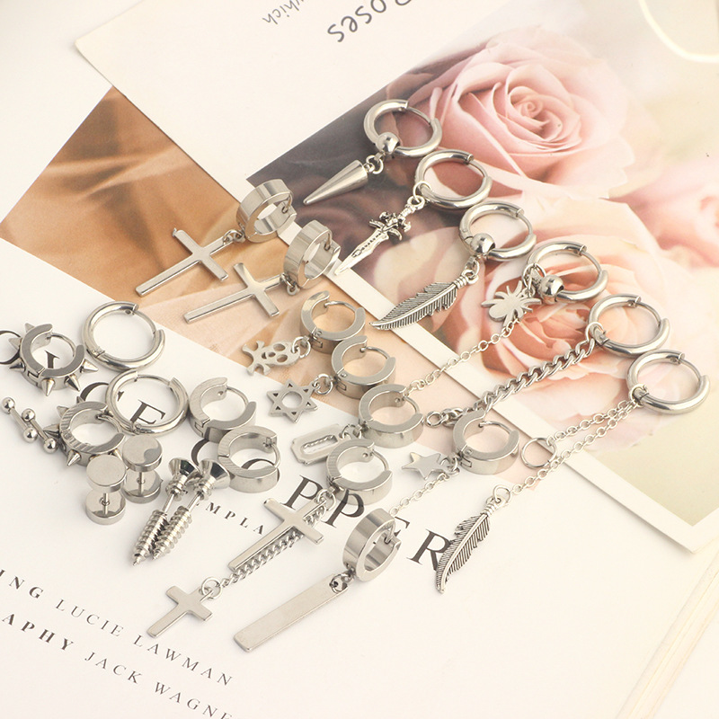 Stainless Steel Cross Hip Hop Earrings Set for Men - 26 Piece Fashion Earring Wholesale detail image 11